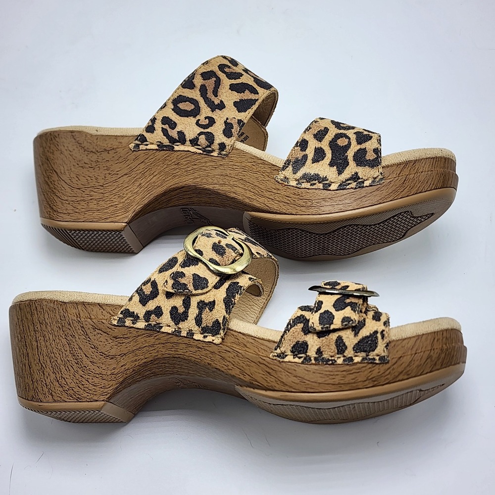Dansko Leopard Print Leather Slide Sandals Womens 37 Wedge Buckle Size 6.5 - Picture 7 of 13
